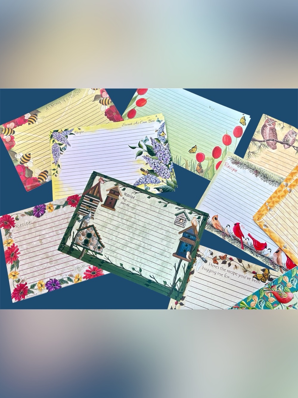Recipe Cards - Bee, Bird, Flower Designs assorted new set 24 cards made in USA